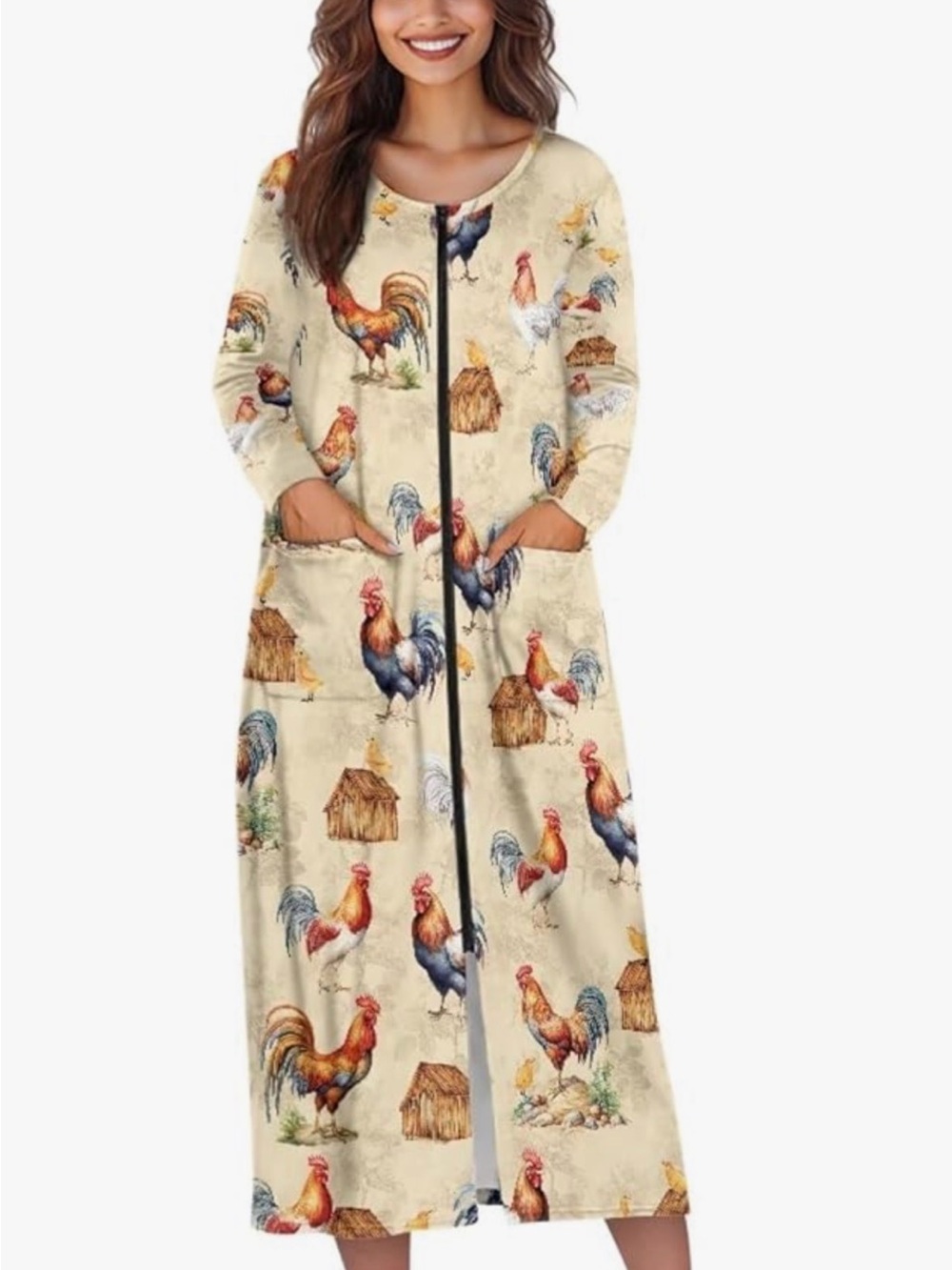 Women’s Cream Rooster Print Long Zipper Pajamas